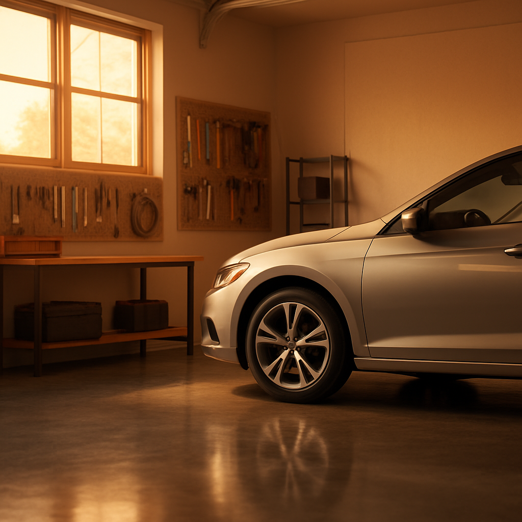 A clean, modern home garage with a well-maintained car and organized tools
